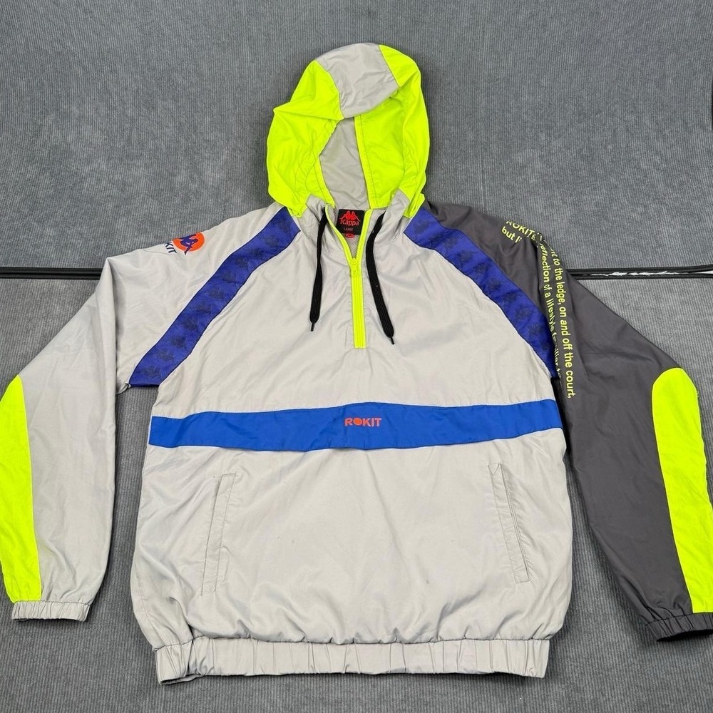 Kappa x Rokit Mens Windbreaker Jacket Large Grey Neon Yellow Quarter Zip